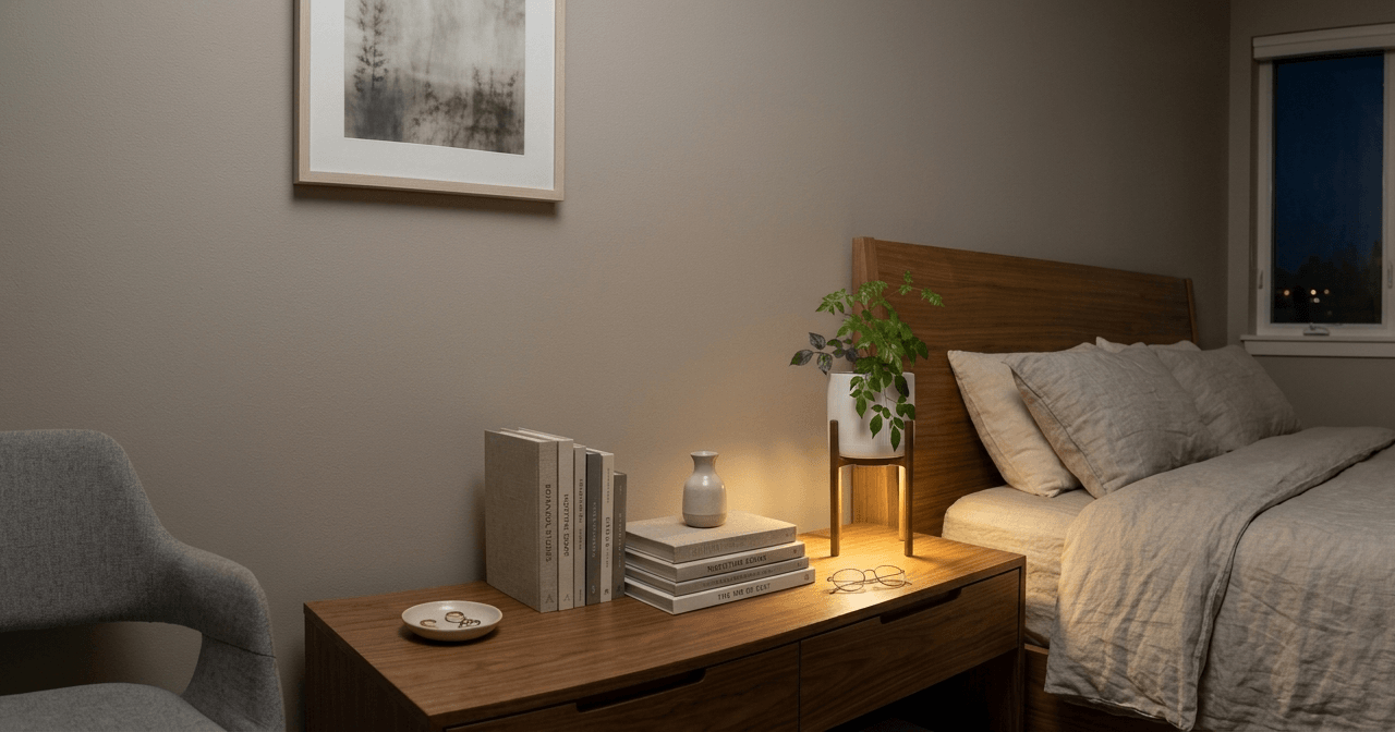 helios light up plant stand on top of a night stand in a modern New Zealand bedroom
