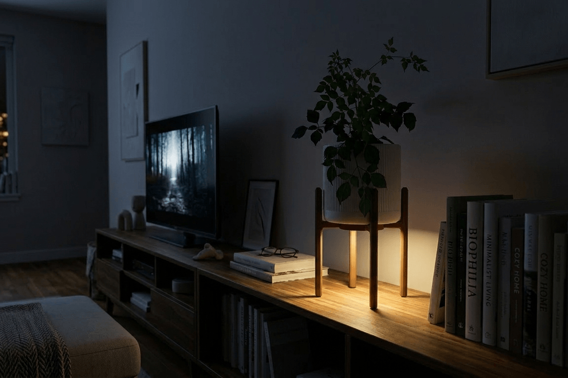 The helios light up plant stand on top of a living room shelf next to a TV