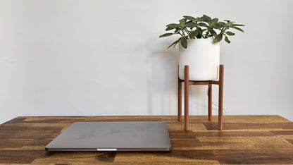 helios light up plant stand on a desk next to a laptop turned off